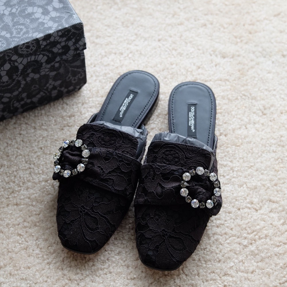 Dolce Gabbana Jackie Lace Slippers Jewel Buckle